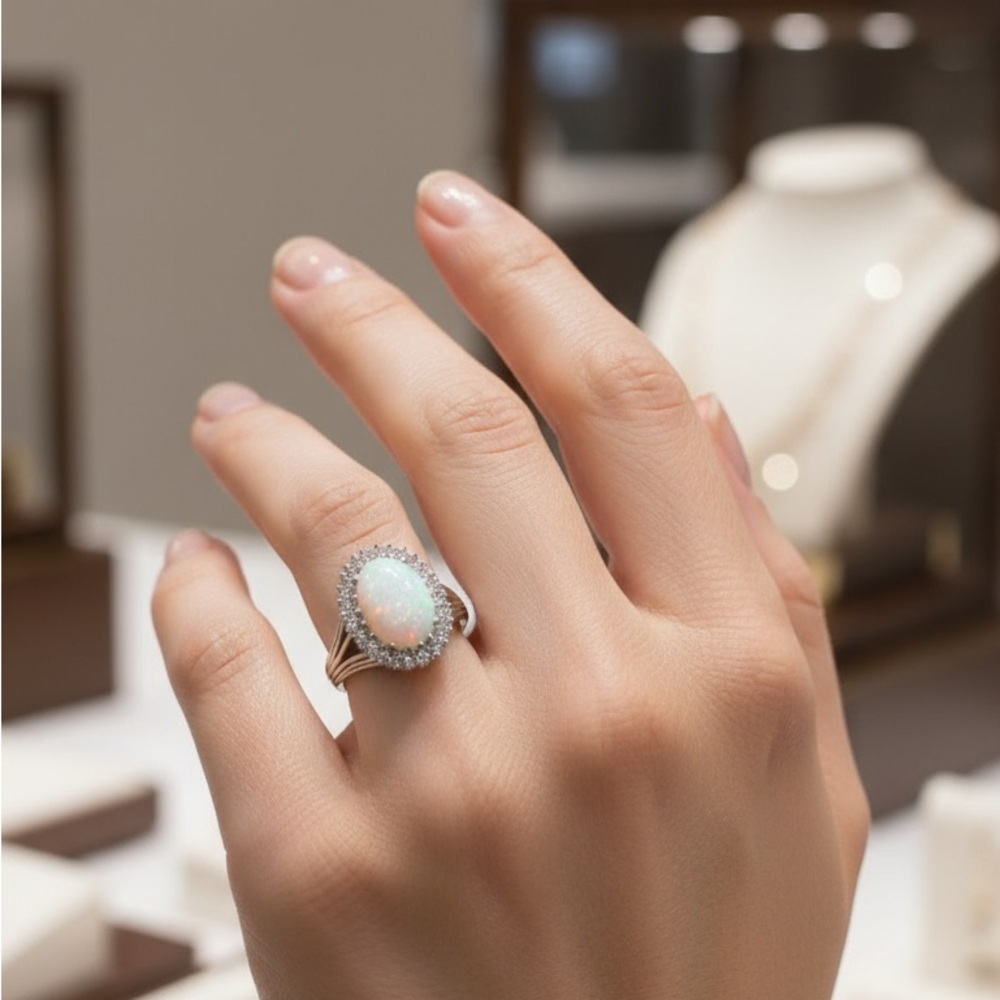 Stunning Oval Sunburst Simulated Opal and Diamond Halo Statement Ring - Picture 3 of 7